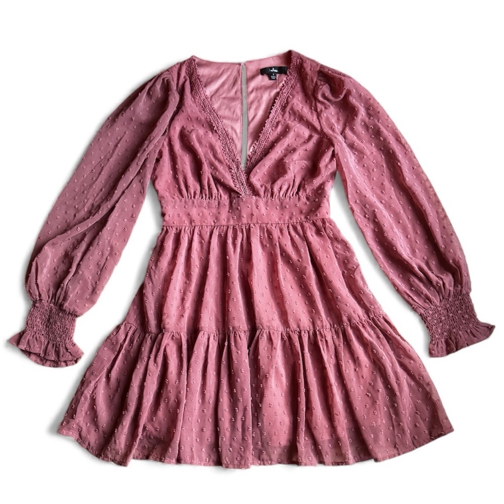 LULUS Charming Approach Rusty Rose Swiss Dot Tiered Mini Dress NWT Sz Small - Picture 3 of 13